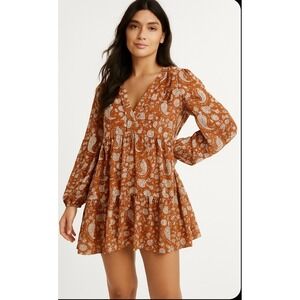 MELLODAY Large Women's Rust/Orange Paisley Print Tiered V Neck  Mini‎ Dress